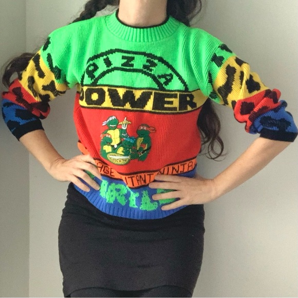rare 90s Teenage Mutant Ninja Turtles neon sweater: “PIZZA POWER”! - Picture 2 of 11